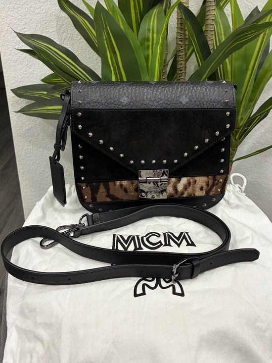MCM Handbags - MCM Patricia Studded Leopard Haircalf Crossbody bag- Black Leather-preowned